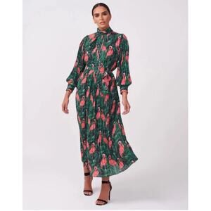 NWT Forever Unique Pleated Tropical Flamingo Long sleeve Tie Waist Maxi Dress 4